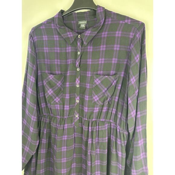 Torrid Emma Plaid Challis Babydoll Tunic Top Purple Black Pocket Plus Size 4 4X - Picture 3 of 12